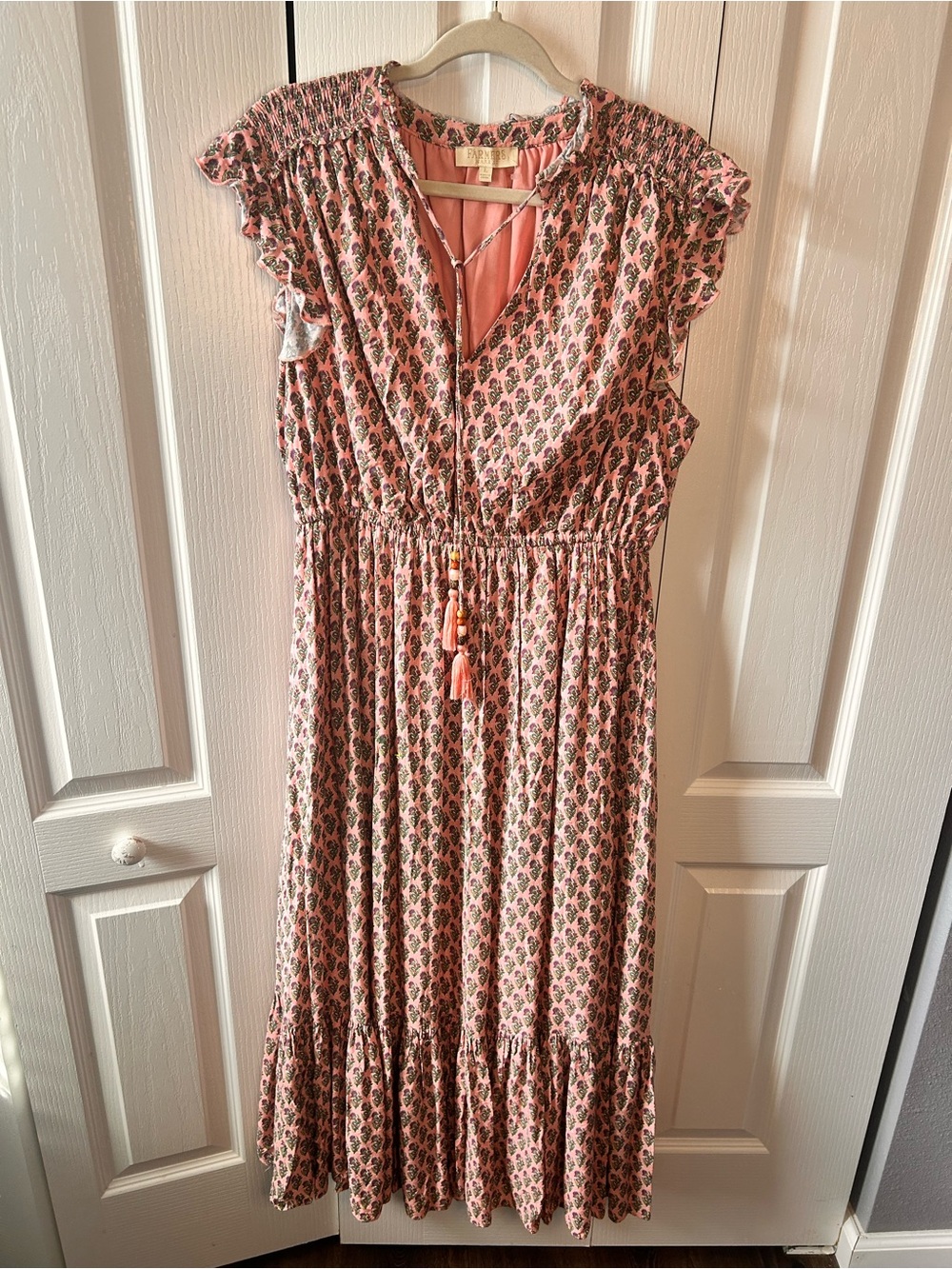 Farmers Market Women’s Large Boho Pink Printed Maxi Dress Tassel Tie Lined